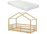 Letto Per Bambini Con Materasso E Protezione Anticaduta 90X200Cm Casa Letto Con Materasso In Schiuma Fredda Casa Letto Con Rete A Doghe In Legno Di Pino Letto Singolo In Legno Naturale [En.Casa]