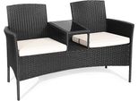 Panca Da Giardino In Polyrattan Costway, Set Di Mobili Da Giardino A 2 Posti Con Tavolo E Cuscini, 138 X 61 X 85 Cm, Panca In Rattan Resistente Alle Intemperie, Mobili Da Balcone Per Giardino, Balcone (Bianco)