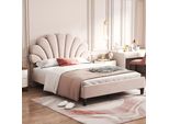 Letto Imbottito Merax 140X200Cm Con Testata A Forma Di Fiore E Rete A Doghe, Testata Regolabile In Altezza, Velluto Letto Matrimoniale Letto Funzionale Letto Per Bambini Letto Per Ragazzi, Beige