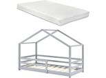 Letto Per Bambini Con Materasso E Protezione Anticaduta 90X200Cm Casa Letto Con Materasso In Schiuma Fredda Casa Letto Con Rete A Doghe Legno Di Pino Letto Singolo Grigio Chiaro [It.Casa]
