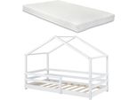 Letto Per Bambini Con Materasso E Protezione Anticaduta 90X200Cm Casa Letto Con Materasso In Schiuma Fredda Casa Letto Con Rete A Doghe Legno Di Pino Letto Singolo Bianco [En.Casa]