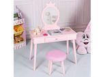 Costway Comodino Per Bambini Con Sgabello, Cassetto E Specchio Estraibile In Legno 70X34X100Cm Rosa