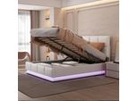 Letto Imbottito Flieks Con Led, Letto A Molle Idrauliche 140X200Cm Con Rete A Doghe E Contenitore, Letto Matrimoniale In Legno Letto Per Ragazzi In Pelle Finta, Bianco
