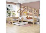 Letto Per Bambini Merax 90X200Cm/140X70Cm Con Protezione Anticaduta, Cassetti E Ripiani, Struttura A L Letto Casa In Legno Di Pino Letto Per 2 Bambini