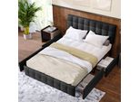 Letto Imbottito Merax 140X200Cm Con Rete A Doghe E 4 Cassetti, Testata Regolabile In Altezza E Doghe In Metallo, Letto Contenitore Letto Matrimoniale Letto In Legno Massiccio Letto Matrimoniale Biancheria, Nero