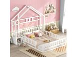 Letto Per Bambini Flieks 140X200Cm Con Protezione Anticaduta E Comodino, Letto Da Pavimento Letto Casa Con Rete A Doghe, Letto Da Gioco Letto In Legno Letto Matrimoniale, Bianco