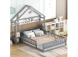 Letto Per Bambini Flieks 140X200Cm Con Protezione Anticaduta E Comodino, Letto Da Pavimento Letto Casa Con Rete A Doghe, Letto Gioco Letto In Legno Letto Matrimoniale, Grigio