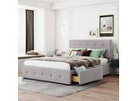 Letto Imbottito Merax 140X200Cm Con Testata Regolabile In Altezza E 4 Cassetti, Letto Matrimoniale Funzionale Con Rete A Doghe E Rivestimento In Velluto Grigio