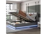 Letto Imbottito Flieks Con Led, Letto A Molle Idrauliche 140X200Cm Con Rete A Doghe E Contenitore, Letto Matrimoniale In Legno Letto Per Ragazzi In Similpelle, Grigio