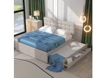 Letto Imbottito Fortuna Lai 140 X 200 Cm Con 3 Cassetti, Rete Matrimoniale Con Letto Estraibile, Letto Familiare Con Rete A Doghe E Testata Regolabile In Altezza, Materiale Lino, Senza Materasso, Beige