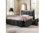 Letto Imbottito Flieks 90X200Cm Con Usb E Prese Di Corrente, Letto Per Ragazzi Letto Singolo Con 2 Cassetti, Letto Contenitore Letto In Legno Massiccio Con Led E Rete A Doghe, Lino, Grigio