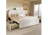 Letto Imbottito Flieks 140X200Cm Con 4 Cassetti, Letto Matrimoniale Letto Giovanile Con Rete A Doghe, Letto In Legno Letto Contenitore Letto Classico, Lana Di Pecora, Bianco