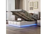 Letto Imbottito Merax Con Led, Letto A Molle Idrauliche 140X200Cm Con Rete A Doghe, Contenitore, Letto Matrimoniale In Legno Similcuoio, Bianco