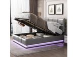 Letto Imbottito Merax Con Led, Letto A Molle Idrauliche 140X200Cm Con Rete A Doghe, Contenitore, Letto Matrimoniale In Legno Similcuoio, Grigio
