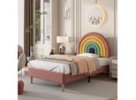 Letto Imbottito Per Bambini Abrihome 90X200Cm Con Rete A Doghe E Testata Arcobaleno, Velluto - Rosa