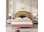 Abrihome Letto Per Bambini Imbottito 140X200Cm Letto Matrimoniale Con Rete A Doghe E Testata Arcobaleno, Rosa Velluto
