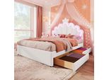 Letto Imbottito Flieks 140X200Cm Con 2 Cassetti, Letto Per Bambini Letto Per Ragazzi Con Testata Regolabile A Forma Di Corona, Letto Matrimoniale Letto In Legno Con Led, Pu, Bianco
