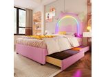 Letto Imbottito Flieks 90X200Cm Con Led, Letto Per Bambini Con 2 Cassetti, Letto Singolo In Legno Con Simpatica Testata, Letto Contenitore In Pelle Finta, Rosa