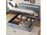 Letto Imbottito Abrihome 180X200Cm Con Usb E Luce Ambientale A Led, Letto A Molle Idrauliche Con Contenitore, Lino, Letto Matrimoniale Grigio