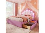 Letto Imbottito Flieks 140X200Cm Con 2 Cassetti, Letto Per Bambini Letto Per Ragazzi Con Testata Regolabile A Forma Di Corona, Letto Matrimoniale Letto In Legno Con Led, Pu, Rosa