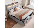 Letto Imbottito Abrihome 140X200Cm Matrimoniale Con Led E Presa Usb, Letto A Molle Idrauliche Con Rete A Doghe E Contenitore, Grigio
