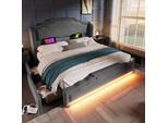 Letto Imbottito Abrihome 180X200Cm Con Led E Usb, Velluto - Letto Matrimoniale Con 4 Cassetti, Grigio