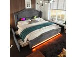 Letto Imbottito Abrihome 140X200Cm Con Led E Usb, Velluto - Letto Matrimoniale Con 4 Cassetti, Grigio