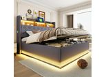Letto Imbottito Flieks 180X200Cm Con Funzione Di Carico, Letto Matrimoniale A Molle Insacchettate Con Contenitore, Letto Per Ragazzi In Legno Con Led E Rete A Doghe, Lino, Grigio