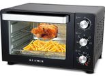 KLAMER Minibackofen mit Umluft (30 Liter), 6 Backfunktionen, 70-230°C, 120 min. Timer, Mini-Ofen inkl. Drehspieß, Grillgitter, Grillrost und Krümelblech, 1.500 W, Pizza Ø30cm, Schwarz