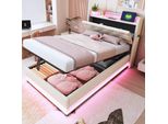Letto Imbottito Flieks 90X200Cm Con Usb, Letto Contenitore Letto Singolo Con Rete A Doghe E Led, Letto A Molle Idrauliche Letto Per Ragazzi, Biancheria, Beige