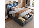 Letto Imbottito Flieks 90X200Cm Con Usb &Type-C, Letto A Molle Insacchettate Letto Contenitore Con Led E Testata Contenitore, Letto Singolo Letto Per Ragazzi, Biancheria, Grigio