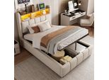 Letto Imbottito Flieks 90X200Cm Con Usb &Type-C, Letto A Molle Insacchettate Letto Contenitore Con Led E Testata Contenitore, Letto Singolo Letto Per Ragazzi, Biancheria, Beige