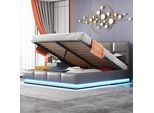 Letto Imbottito Flieks Con Led, Letto A Molle Idrauliche 160X200Cm Con Rete A Doghe E Contenitore, Letto Matrimoniale In Legno Letto Per Ragazzi In Similpelle, Grigio