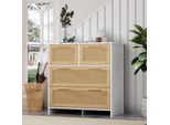 Cassettiera Merax Con Decoro In Rattan, Credenza A 3 Ante, Anta E Cassetto, Scarpiera Ribaltabile, 90X125X17Cm, Natura
