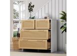 Cassettiera Flieks Con 4 Cassetti, Credenza In Rattan Con Maniglie In Legno Massiccio, Mobile Da Soggiorno Con Cassetti, Finitura Naturale, Bianco