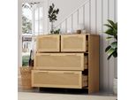 Cassettiera Flieks Con 4 Cassetti, Credenza In Rattan Con Maniglie In Legno Massiccio, Mobile Da Soggiorno Con Cassetti, Finitura Naturale, 80X38X80Cm