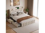 Letto Imbottito 160X200 Cm Con Funzione Di Ricarica Usb Nella Testata, Illuminazione A Led E 4 Cassetti - Letto Matrimoniale Senza Materasso, Letto Contenitore Con Giroletto