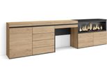 Tavolo Da Toeletta, 284X35X75Cm, Con Cassetto, Camino Elettrico Xxl, Cassettiera, Rovere