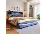 Letto Imbottito Idraulico Flieks 160X200Cm Con Funzione Di Carico, Letto A Molle Insacchettate Con Contenitore, Letto Matrimoniale Per Ragazzi Con Led, Biancheria Da Letto Con Contenitore, Grigio