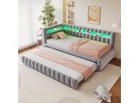 Letto Imbottito Flieks 90X200Cm Con Letto Estraibile (90X190Cm), Divano Letto Da Giorno Con Usb E Led, Letto Per Ragazzi Letto Per Bambini Letto Singolo Con Rete A Doghe, Velluto