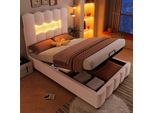 Letto Imbottito Idraulico Flieks 90X200Cm Con Led, Letto Per Bambini Letto Per Ragazzi Con Contenitore, Letto Contenitore Letto Singolo Con Rete A Doghe, Velluto, Rosa