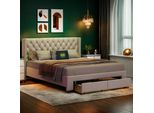 Letto Borchiato Proximax 140×190 Cm - Letto Imbottito In Velluto Con Testata A Led E Usb, Tasche Laterali - Cassetto Alla Pediera - Ideale Per Camere Da Letto, Beige