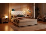 Letto Matrimoniale A Pressione Proximax 140×190 Cm Con Rivestimento In Velluto - Letto Imbottito Con Illuminazione Della Testata E Contenitore Per Camere Da Letto, Beige
