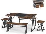 Costway Tavolo Da Pranzo Da 5 Pezzi Per 4-6 Persone, Tavolo Da Pranzo Rettangolare Con 2 Panche E 2 Sedie, Set Da Pranzo Industriale, Tavolo Da Cucina Con Struttura In Metallo