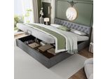 Letto Imbottito Flieks 180X200Cm, Letto Contenitore Con Contenitore E Rete A Doghe, Letto Matrimoniale In Velluto Letto Funzionale In Legno, Grigio