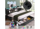Letto Imbottito Flieks 160X200Cm Con Rete A Doghe, Letto A Molle Idrauliche Con Contenitore, Letto Matrimoniale Con Testata Contenitore E Led, Lino, Grigio
