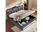 Letto Imbottito Flieks 160X200Cm Con Usb, Letto Per Ragazzi Letto Matrimoniale Con Rete A Doghe E Contenitore, Letto Contenitore Con Led, Lino, Grigio