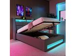 Letto Imbottito Flieks 90X200Cm Con Usb, Letto Per Ragazzi Letto Singolo Con Rete A Doghe E Contenitore, Letto Contenitore Con Led, Lino, Grigio