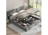 Letto Imbottito Merax 160X200Cm Con Testata Regolabile In Altezza, Letto A Molle Idrauliche Con Rete A Doghe E Contenitore, Letto Matrimoniale In Legno Velluto, Grigio