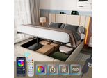 Letto Imbottito Sweiko Letto Matrimoniale Funzione Di Ricarica Usb Type C App-Control Led Letto Contenitore 160×200 Struttura Letto, Rete A Doghe In Legno, Materiale Lino Beige (Con Materasso)